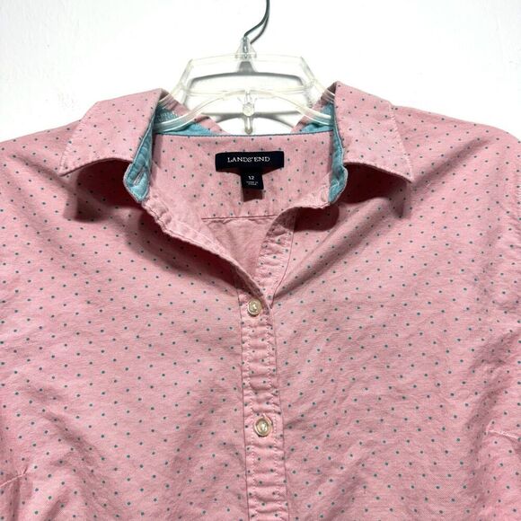 Lands' End Button Up Shirt Pink Long Sleeve Blouse Top Polka Dot Womens sz 12 - Picture 2 of 7